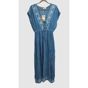NEW Beach by Exist Womens Maxi Dress Boho Flowy Embroidery Blue Medium Concert